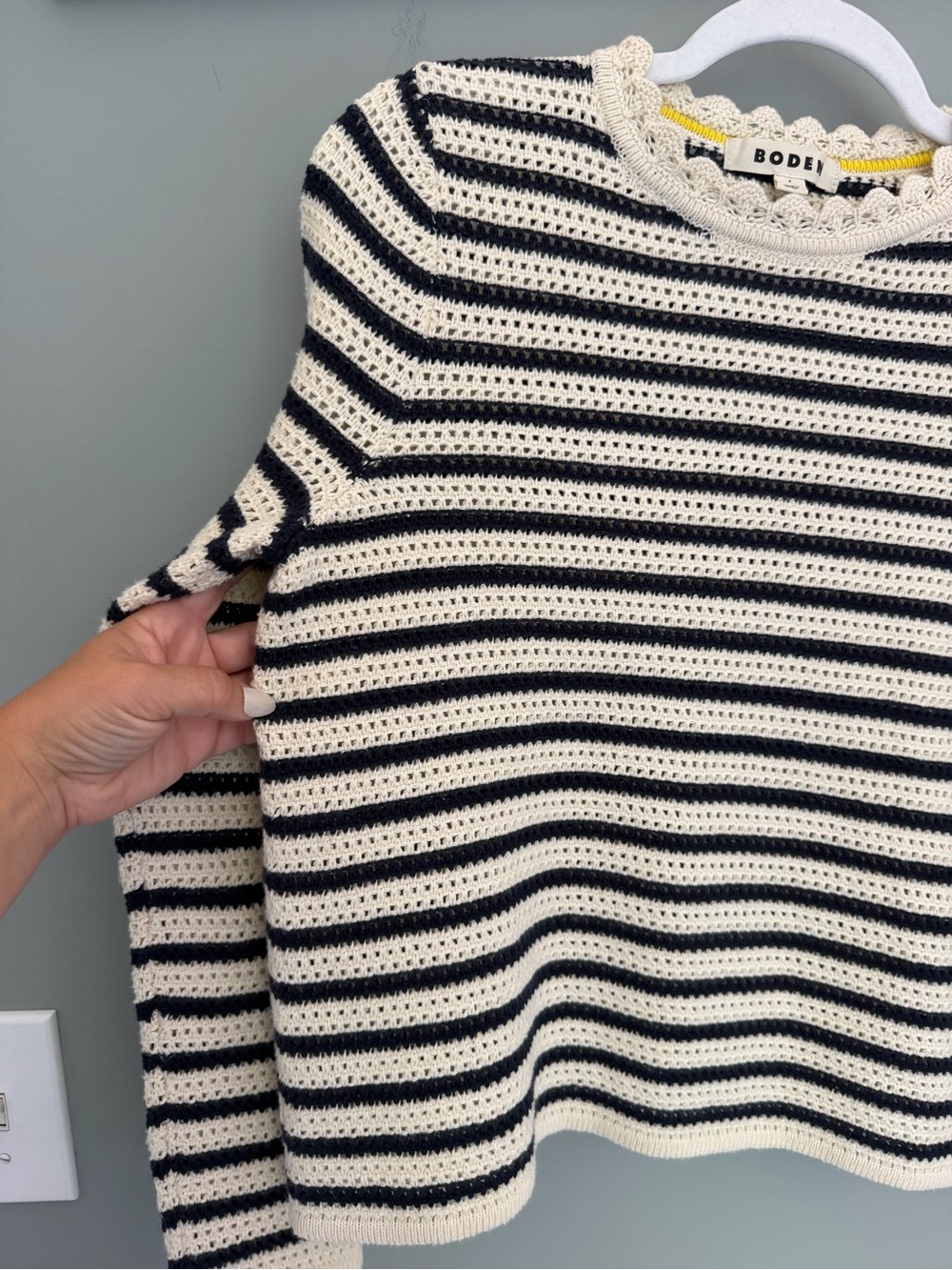 Boden 100% Cotton Scallop Neck Crochet Navy Cream Long Sleeve Knit Sweater - Picture 6 of 17